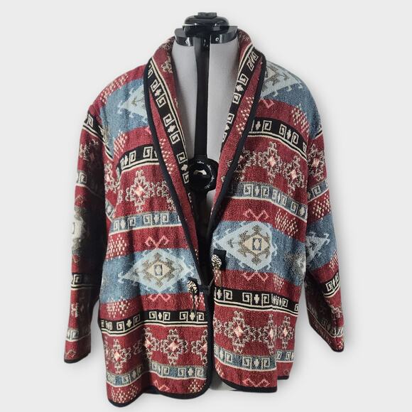 Fashion Bug Tapestry Jacket Women's 26/28W Southwest Aztec Open Front Boho VTG - Picture 1 of 6